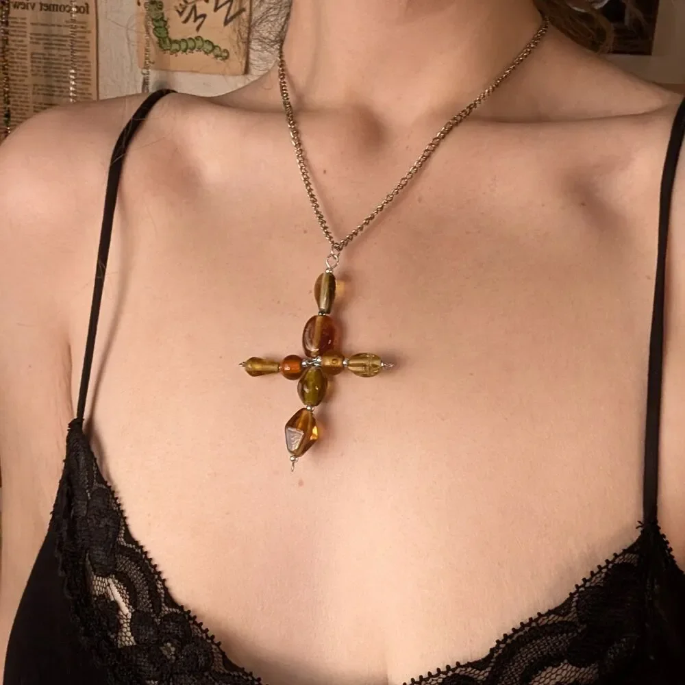 Glass Beaded Cross Pendant Chain Necklace Silver Brown Short